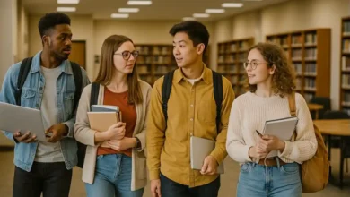University students walking together inside a library while discussing their studies. (Choosing the Right University)