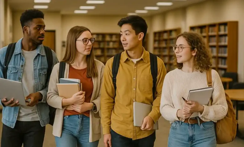 University students walking together inside a library while discussing their studies. (Choosing the Right University)
