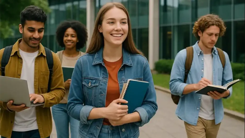 University students walking on campus while studying and discussing academic work.