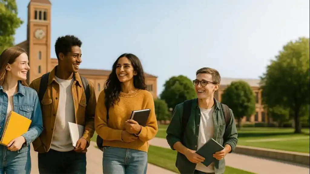 University students walking together on a green campus near academic buildings.