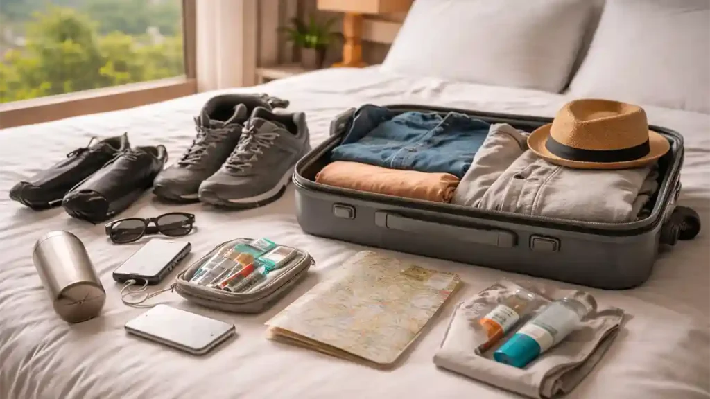 Islamabad weekend getaway packing checklist with suitcase, comfortable walking shoes, hoodie, sunglasses, power bank, umbrella, and travel essentials.