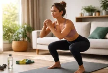 Woman Doing Home Fitness Routine Squats in Living Room