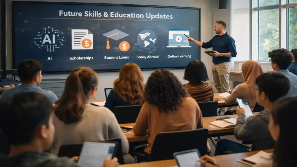 Students attending an education updates workshop about AI, scholarships, and study abroad