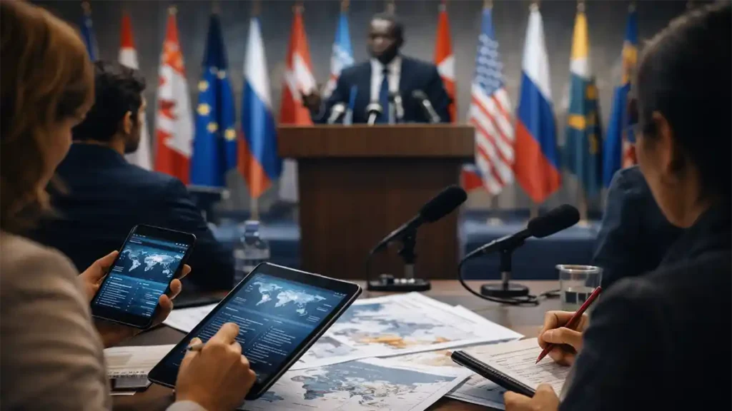 international press briefing with journalists reviewing world news updates on tablets and maps in a global diplomacy setting