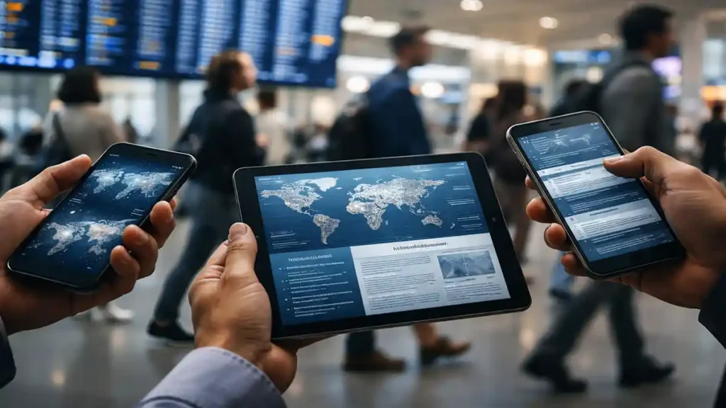 hands holding smartphones and a tablet showing world news updates with a digital world map in a busy airport