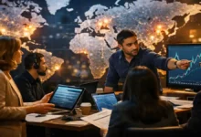 World news today newsroom team analyzing global hotspots on a digital world map and market charts