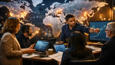 World news today newsroom team analyzing global hotspots on a digital world map and market charts