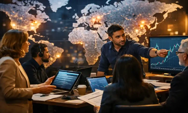 World news today newsroom team analyzing global hotspots on a digital world map and market charts