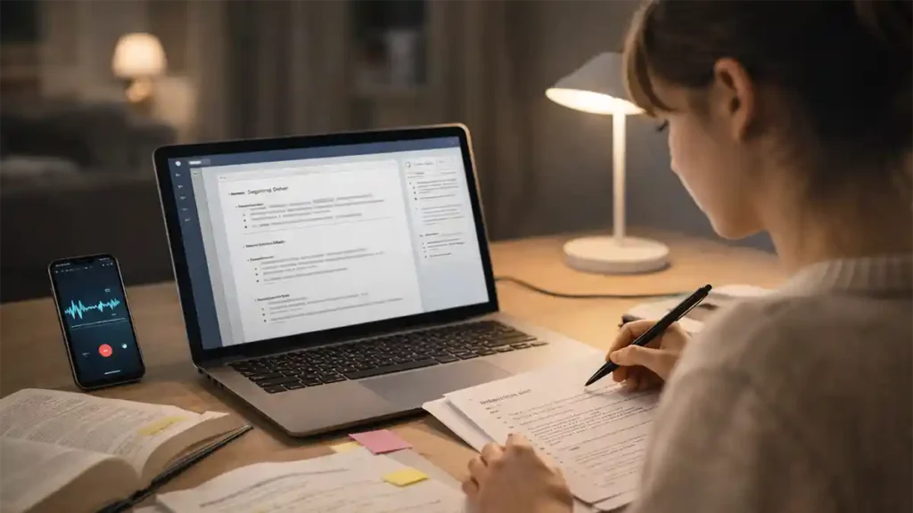 Student studying at home at night using a laptop with an assignment outline, a phone voice recording, and printed notes with sticky tabs to support AI-assisted learning