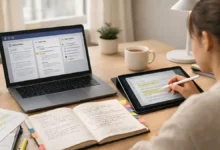 Student using a laptop and tablet with organized notes and highlighted research paper to study and manage assignments with AI tools
