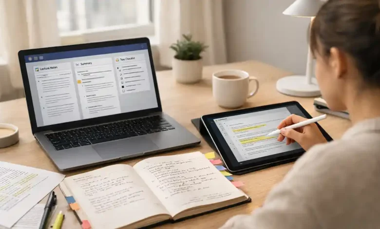 Student using a laptop and tablet with organized notes and highlighted research paper to study and manage assignments with AI tools