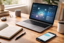 Modern home office desk with laptop showing an abstract AI dashboard, notebook checklist, smartphone calendar alert, and coffee in warm daylight.