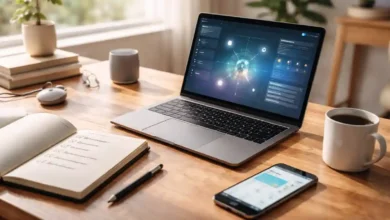 Modern home office desk with laptop showing an abstract AI dashboard, notebook checklist, smartphone calendar alert, and coffee in warm daylight.
