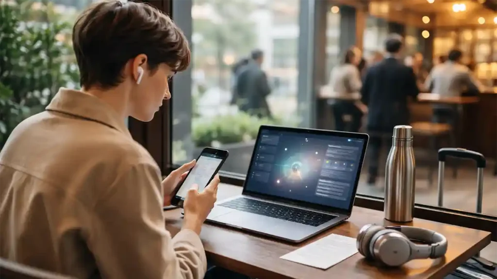 Professional working in a bright airport lounge or city café with a laptop showing an abstract AI assistant interface glow, phone, headphones, and carry-on bag nearby.