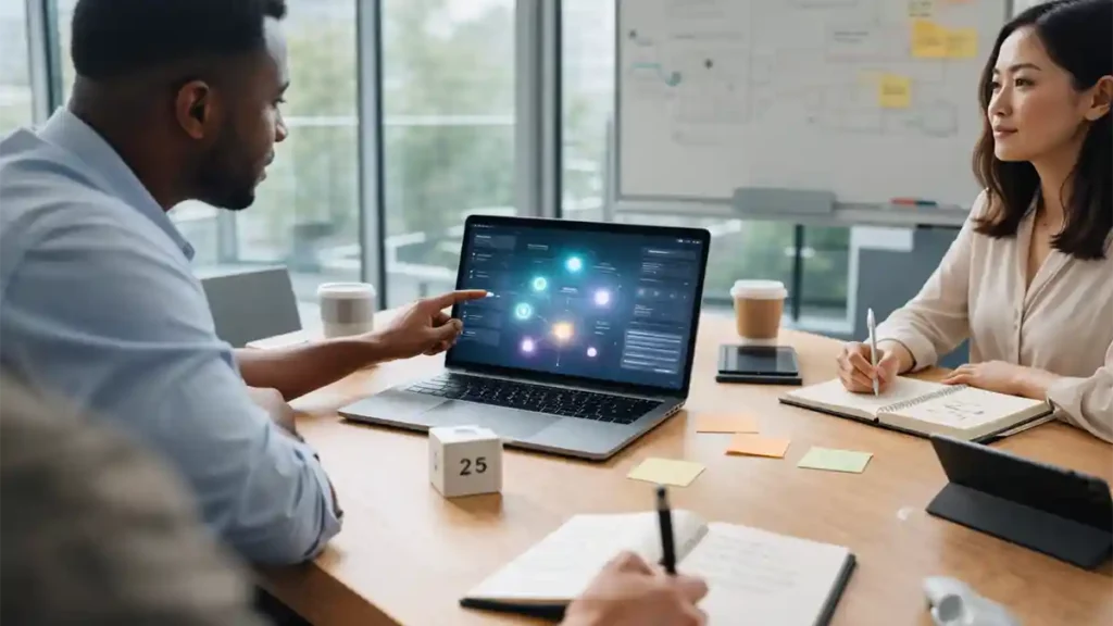 Small team in a bright meeting room reviewing an abstract AI workflow on a laptop while taking notes with planners and sticky notes.