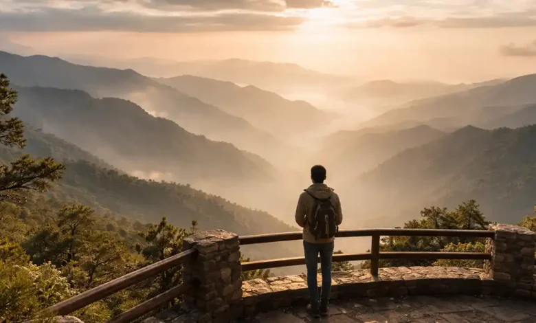Traveler at a mountain viewpoint overlooking misty Asir Mountains in Abha at sunset