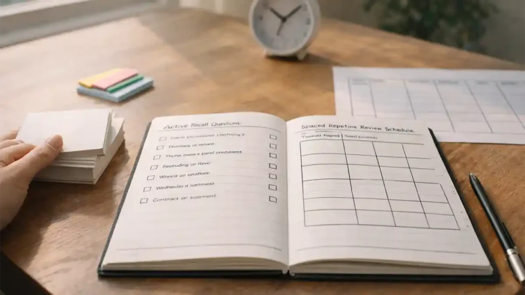 Home study desk with notebook of active recall questions, flashcards, and a spaced repetition review plan in a natural, modern workspace.