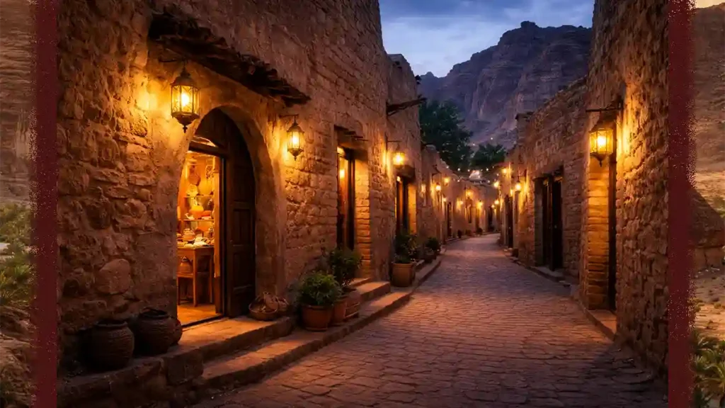 Lantern-lit stone alley in AlUla Old Town at twilight, with mudbrick walls, arched doorways, small shops, and sandstone cliffs in the background.