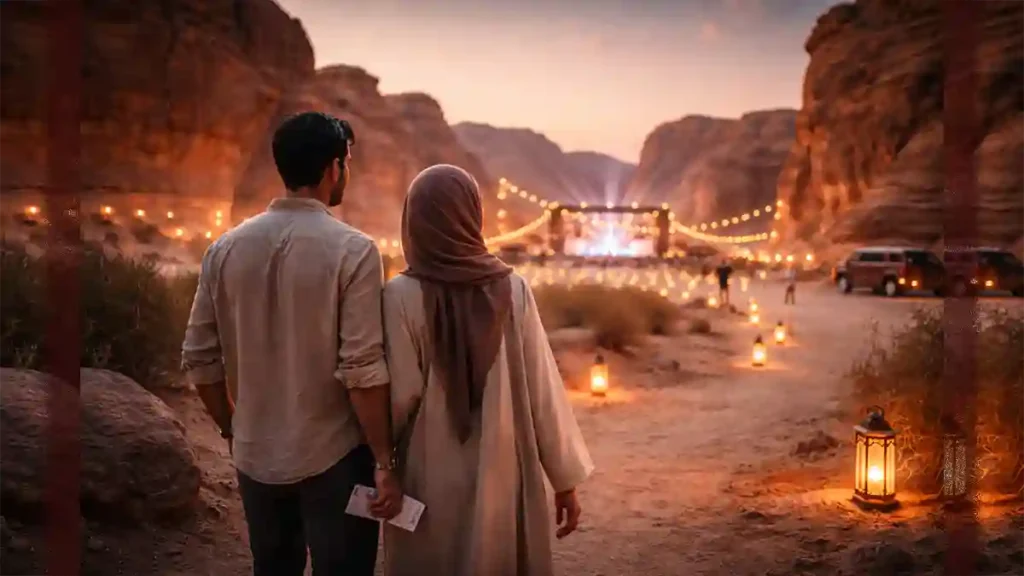 Couple walking in an AlUla-style desert canyon toward a softly lit open-air festival stage with lanterns and string lights at dusk.
