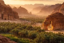 Golden sunset view of AlUla with Elephant Rock, palm-filled oasis, sandstone cliffs, and an ancient Nabatean-style tomb facade in Saudi Arabia.