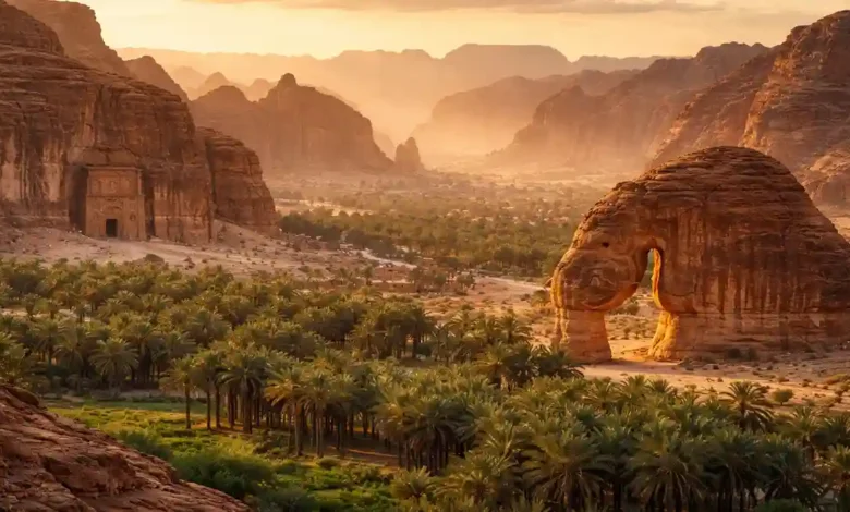 Golden sunset view of AlUla with Elephant Rock, palm-filled oasis, sandstone cliffs, and an ancient Nabatean-style tomb facade in Saudi Arabia.