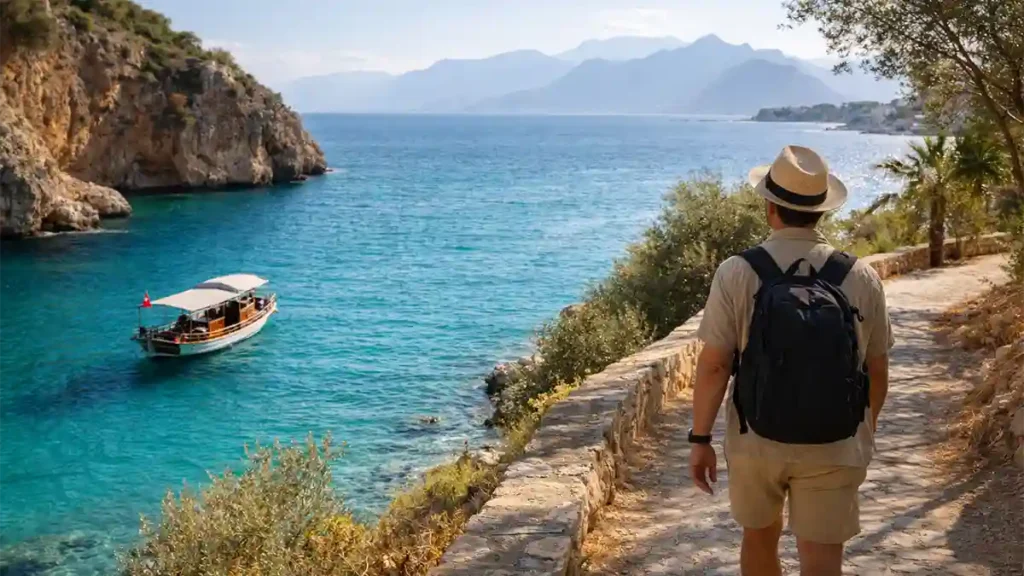 Traveler walking along a stone seaside path on the Antalya coast with turquoise Mediterranean water and a small boat in a rocky cove.