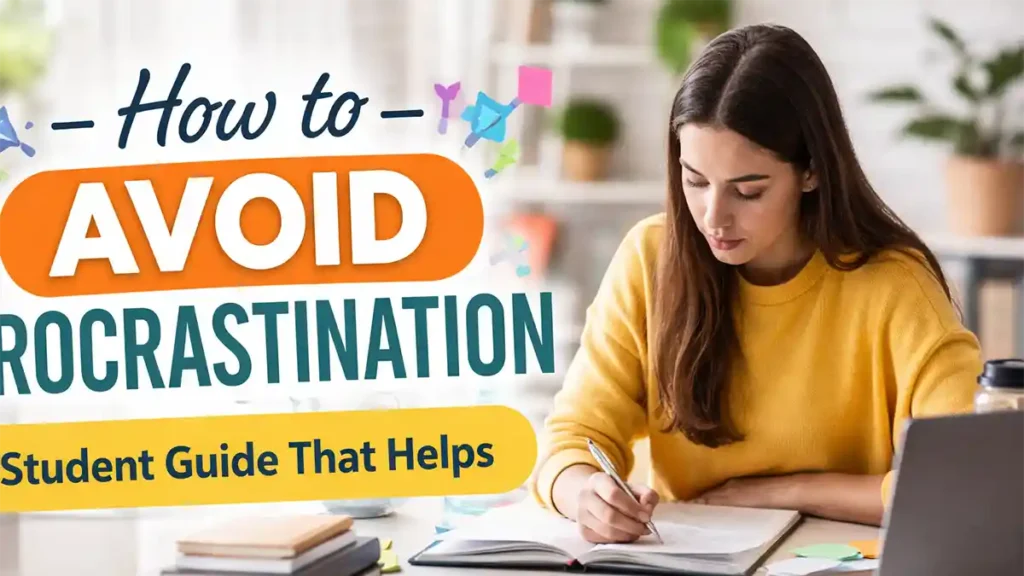 Student studying at a desk with a laptop, books, and sticky notes to avoid procrastination and stay focused.