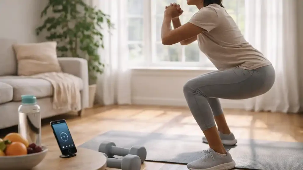 Beginner doing a simple home workout with yoga mat and dumbbells for safe weight loss.