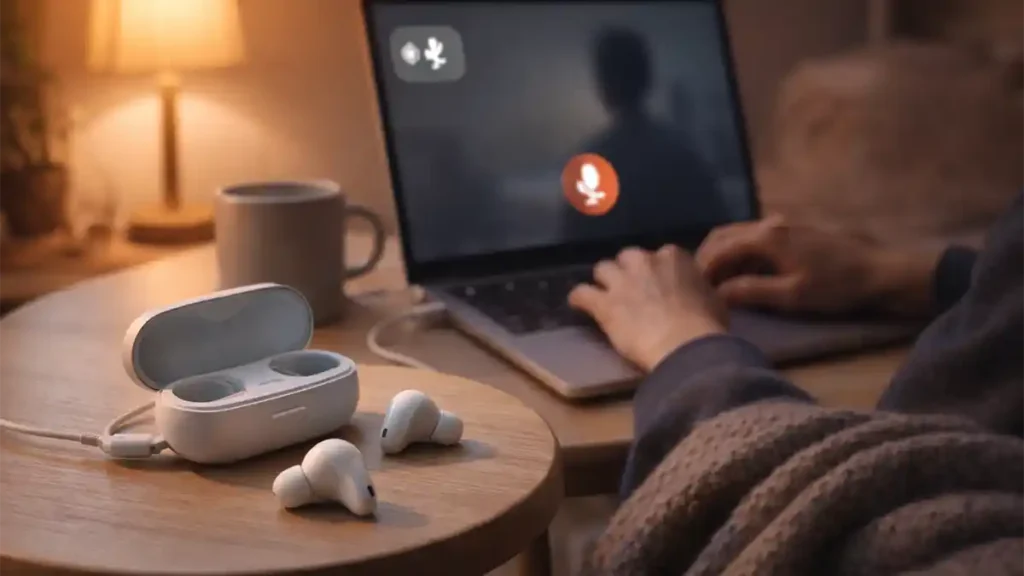Wireless earbuds and open charging case on a side table near a laptop during an evening home workspace setup with warm lamp light.