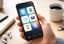 Hand holding a smartphone with abstract app icons above a minimalist desk with notebook, earbuds, coffee, and a security key.