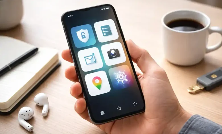 Hand holding a smartphone with abstract app icons above a minimalist desk with notebook, earbuds, coffee, and a security key.