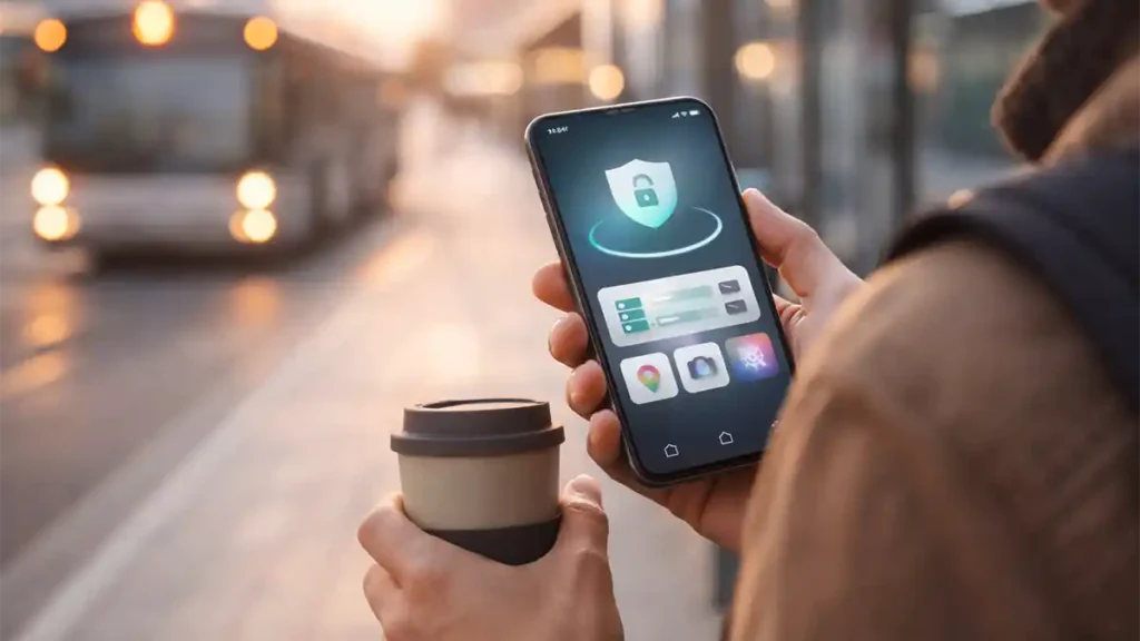 Person at a city transit stop holding a smartphone with an abstract privacy scan interface and app icons, holding a reusable coffee cup in warm evening light.