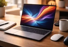 Modern laptop on a wooden desk with notebook, mouse, coffee mug and game controller for work, study and gaming in 2026.