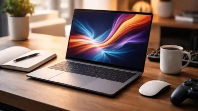 Modern laptop on a wooden desk with notebook, mouse, coffee mug and game controller for work, study and gaming in 2026.