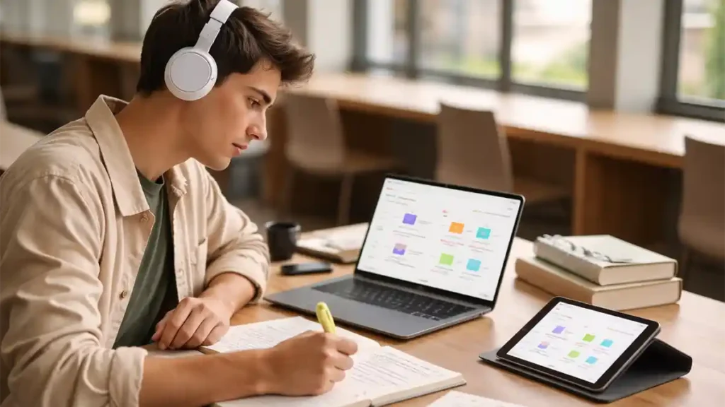 Student studying in a library using a laptop and tablet learning app, with headphones, notebooks, and highlighters on a desk.