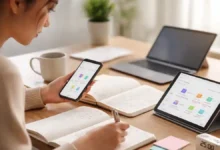 Student studying at a desk using a smartphone and tablet learning app, with notebooks, laptop, and a 25-minute focus timer.