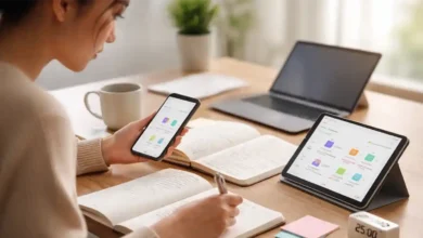 Student studying at a desk using a smartphone and tablet learning app, with notebooks, laptop, and a 25-minute focus timer.