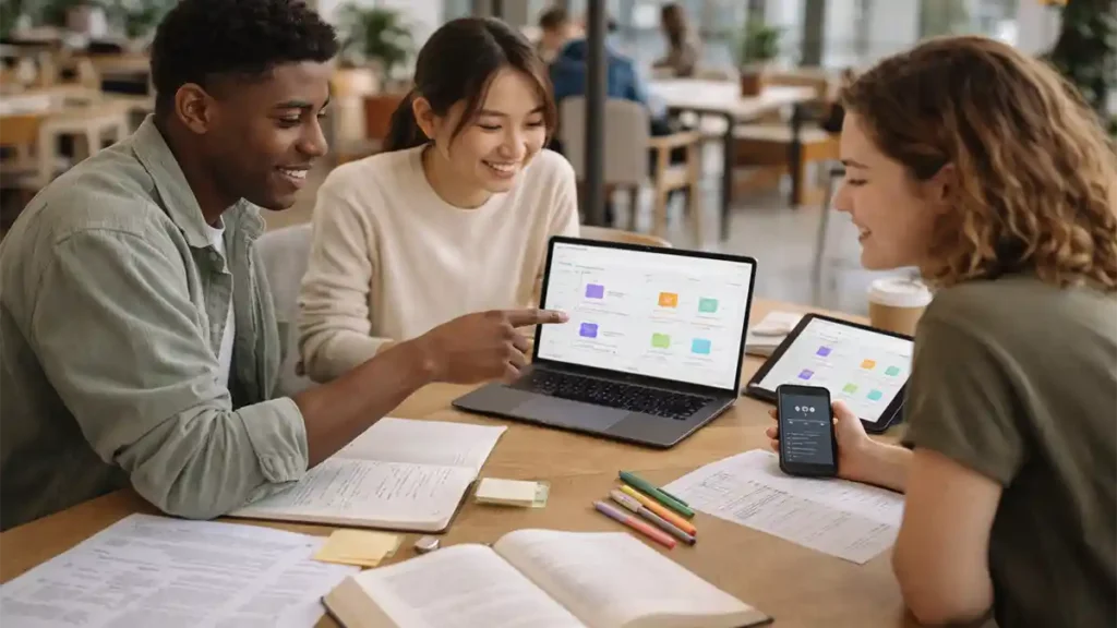 Three students studying together in a café-style space using a laptop, tablet, and phone study tools, with notebooks, pens, and textbooks.