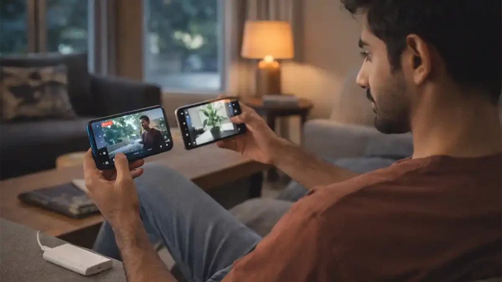 Pakistani man comparing two smartphones at home, one playing a video and the other showing a camera view of a plant, with a power bank nearby.