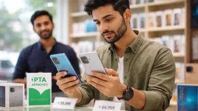 Pakistani shopper comparing two smartphones in a mobile phone shop with PTA approved sign and price tags in rupees.