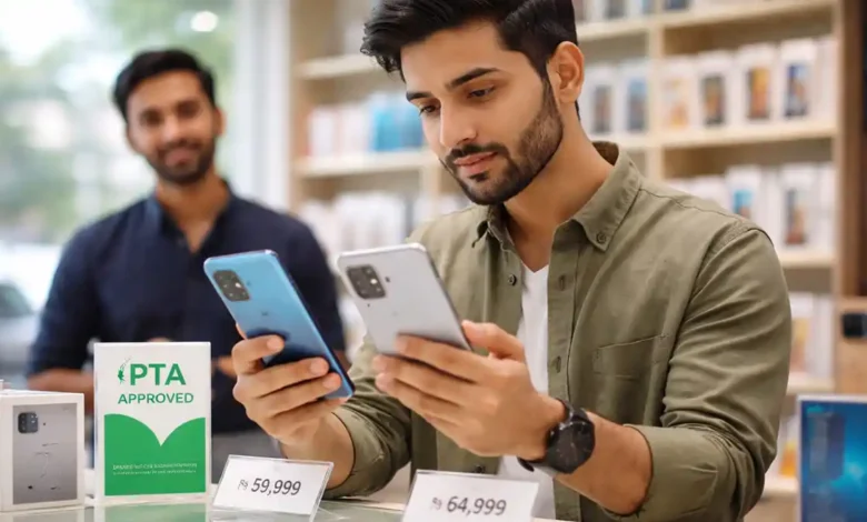 Pakistani shopper comparing two smartphones in a mobile phone shop with PTA approved sign and price tags in rupees.