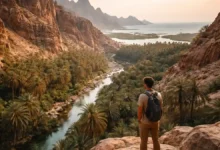 Traveler overlooking a palm-filled canyon in Saudi Arabia with a winding stream, sandstone cliffs, and a distant Red Sea coastline at golden hour.
