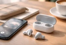 White wireless earbuds on a café table beside a smartphone and coffee cup, showing a budget-friendly listening setup.