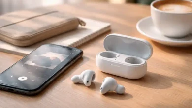 White wireless earbuds on a café table beside a smartphone and coffee cup, showing a budget-friendly listening setup.