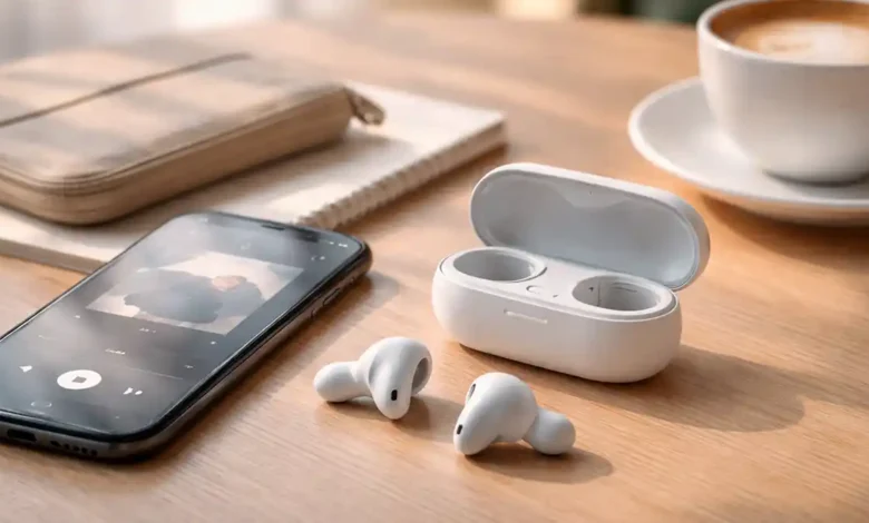 White wireless earbuds on a café table beside a smartphone and coffee cup, showing a budget-friendly listening setup.