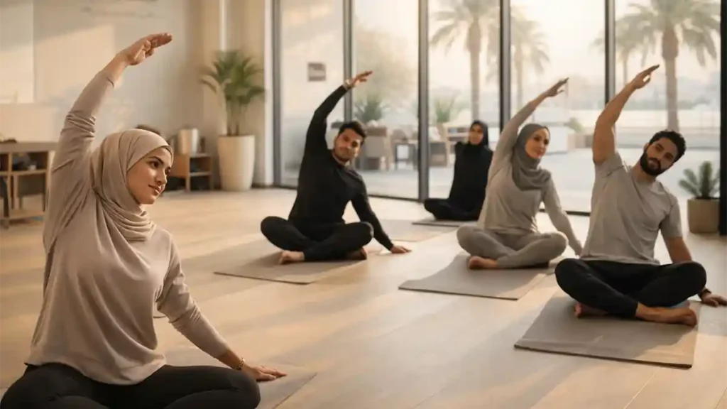 Saudi women in modest activewear doing a Pilates-style resistance band class in a bright, minimalist Riyadh fitness studio.
