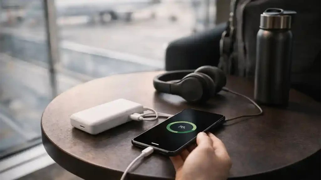 Budget smartphone charging from a power bank on a travel table with headphones nearby