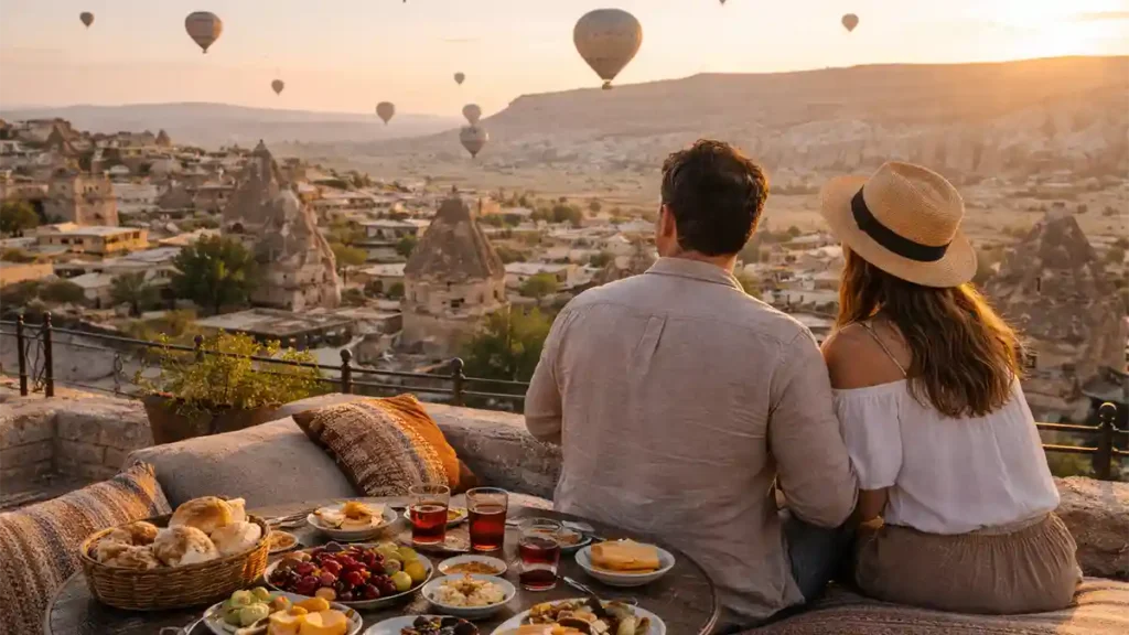 Couple enjoying a Turkish breakfast on a rooftop terrace in Cappadocia as hot air balloons rise over the Göreme valleys at sunrise.