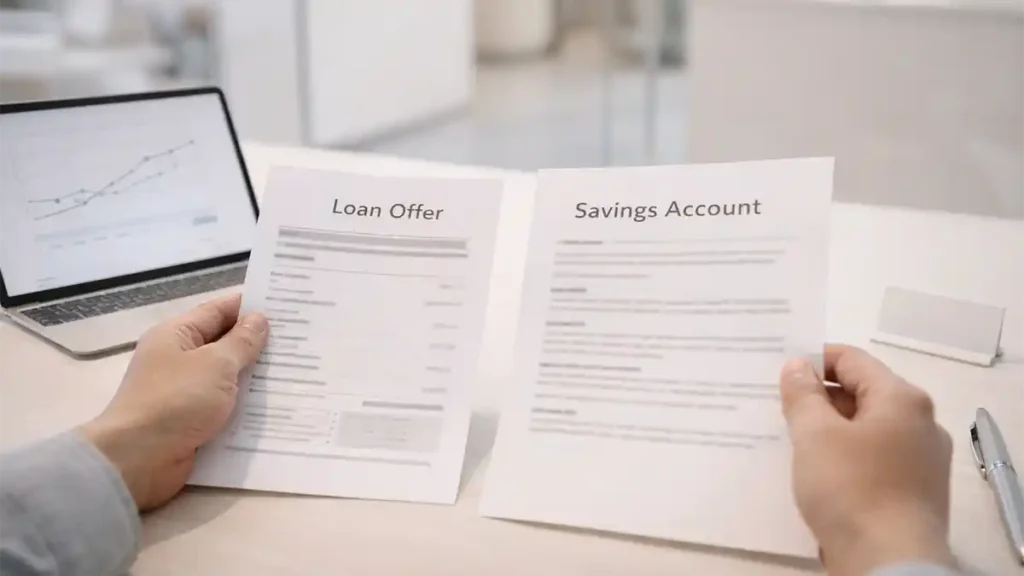 Hands comparing a loan offer document and a savings account paper on a clean desk with a laptop chart illustrating interest rates for loans and savings.
