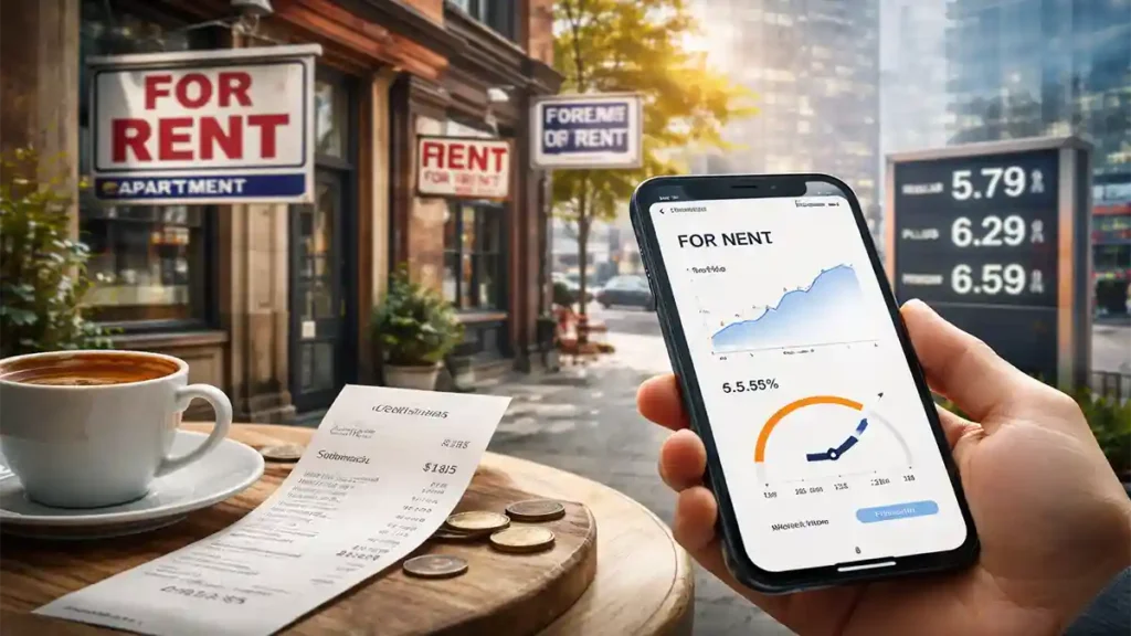 City street with rent signs, café receipt, fuel price display, and a phone showing interest rates and inflation, illustrating modern cost pressures.